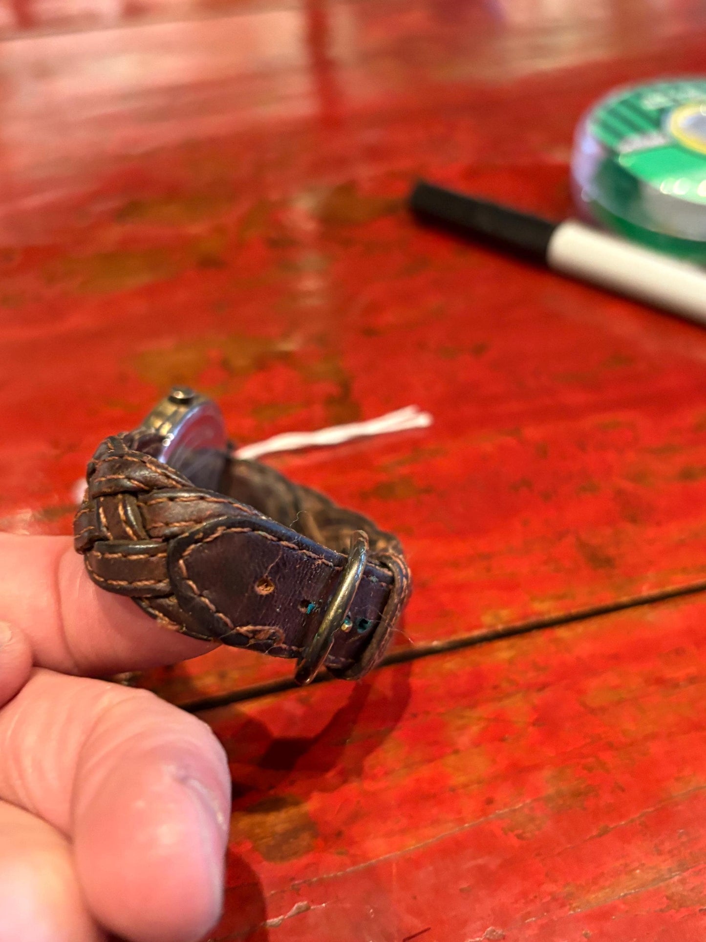 Very cool vintage GUESS watch with leather strap  9 inches long as is  needs battery   value priced