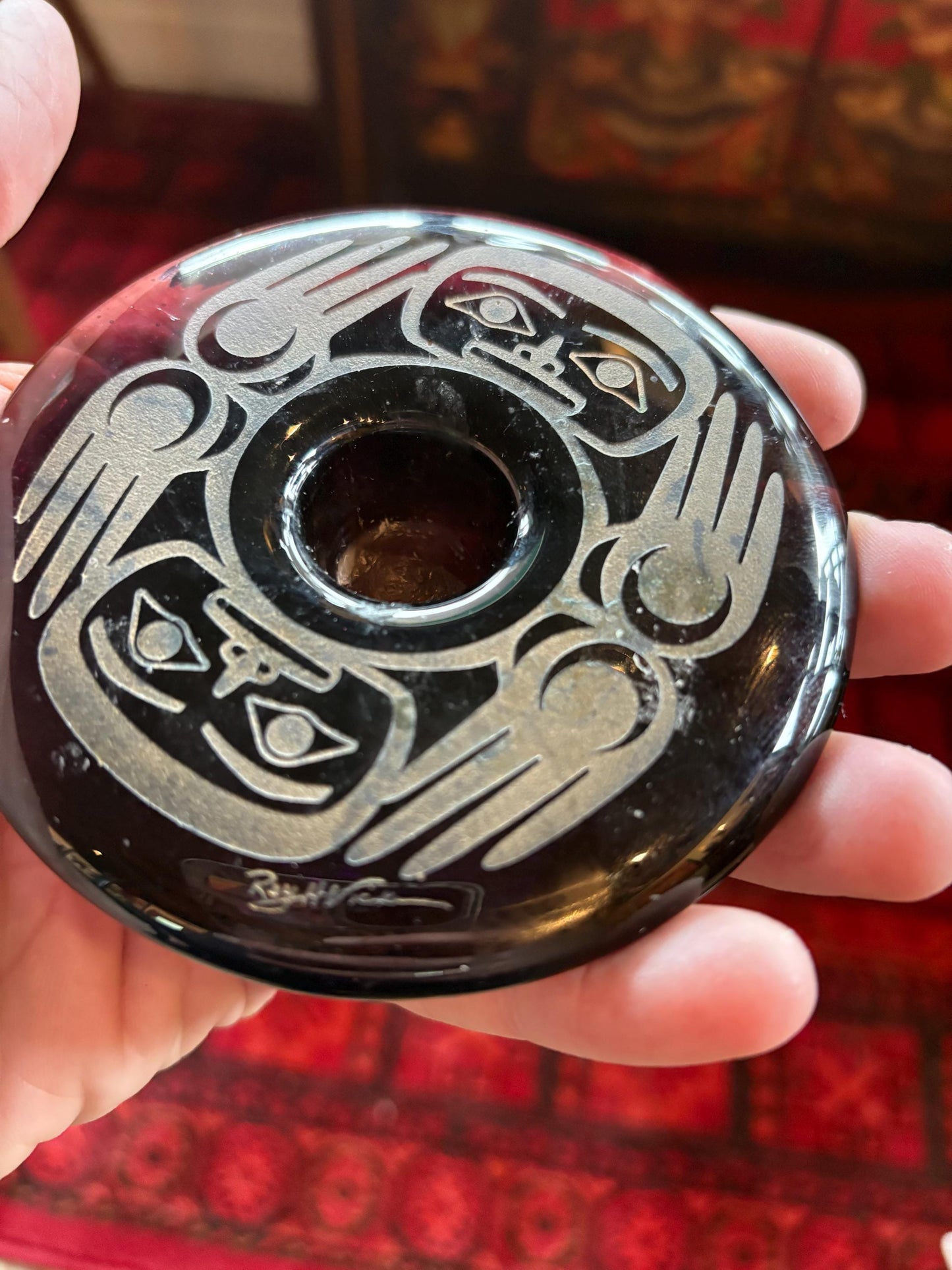 Stunning indigenous first nations Roy Vickers signed etched glass candle holder  great gift - 4 x 1 high