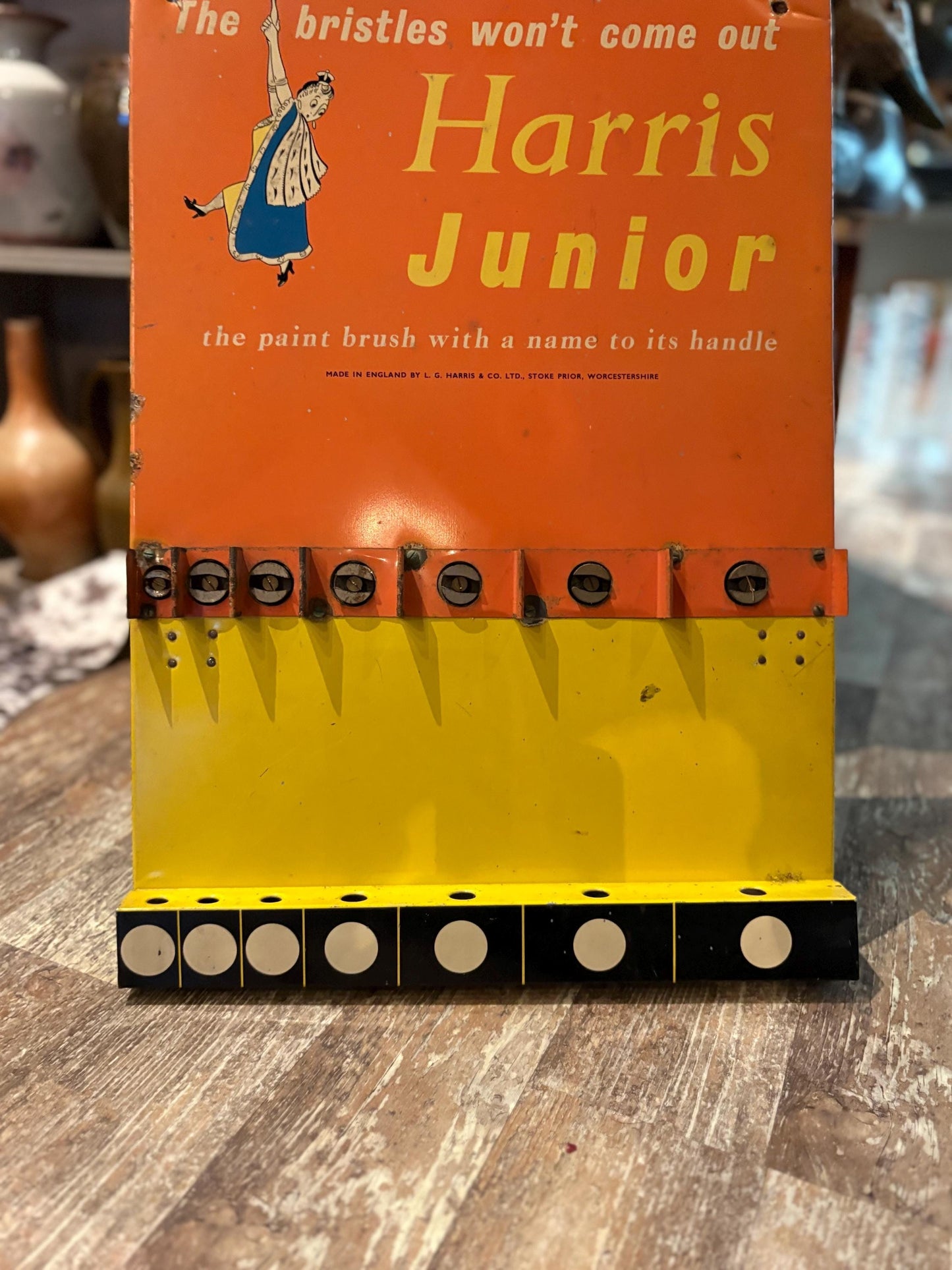 Rare antique Harris Junior paintbrush advertising holder in amazing condition - stand or hang -  wonderful imagery - 20 x 13“ wide