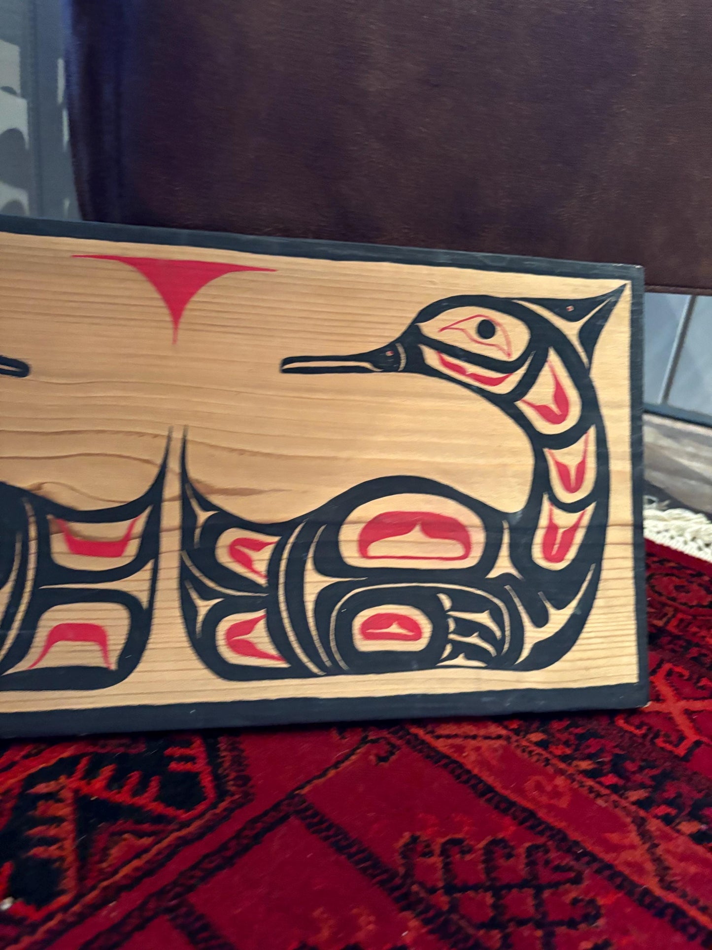 19 x 10 indigenous first nation Pacific Northwest coast signed male and female mirrored loon plaque  ready to hang - great value