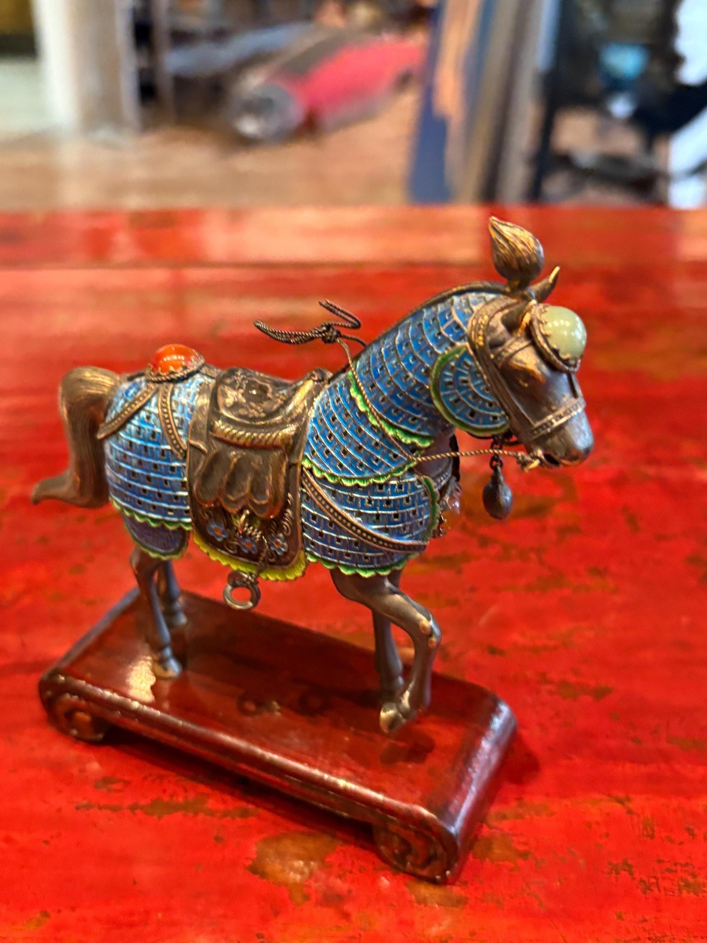Stunning antique Chinese stamped sterling silver and enamel Horse with various gemstones  masterpiece - 4 x 5 tall  wow