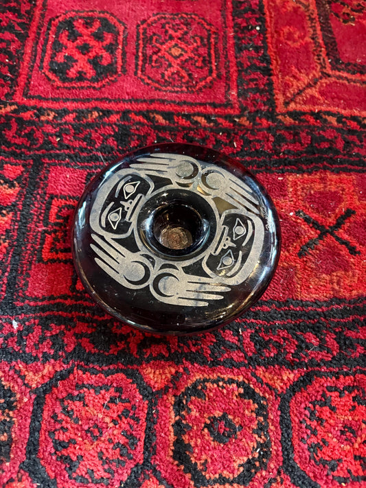 Stunning indigenous first nations Roy Vickers signed etched glass candle holder  great gift - 4 x 1 high